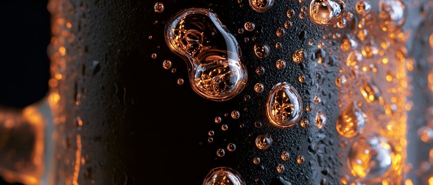 Wet glass surface with golden-hued bubbles and condensation droplets