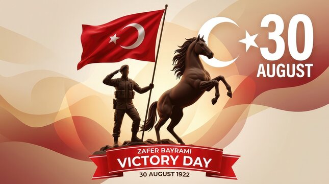 Zafer Bayramı 30 August 1922 banner with soldier silhouette holding flag and galloping horse