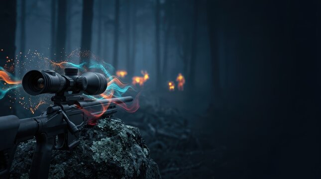Conceptual narrative of a high-tech sniper rifle with a thermal scope in a dark forest tracking glowing animal silhouettes, storytelling through advanced infrared technology.