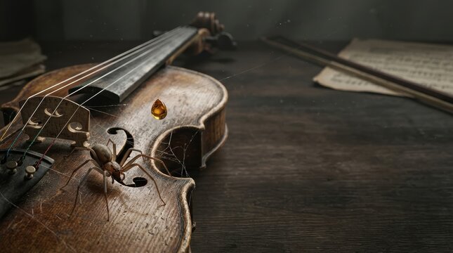 Conceptual storytelling narrative image of an antique violin covered in dust and cobwebs with a spider and a golden resin drop on a dark wooden table