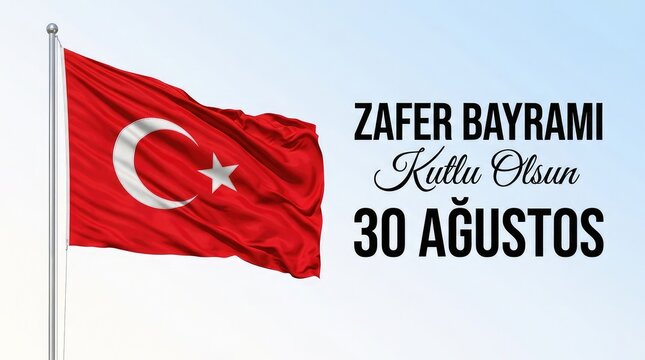 Zafer Bayramı Kutlu Olsun 30 Ağustos banner with waving Turkish flag on clean sky background