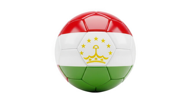 Shiny soccer ball with the tajikistan national flag colors and emblem isolated on transparent background