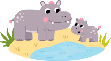 Fotobehang Zoo Vector African hippopotamus with baby on grass. Cute cartoon savanna hippo family scene illustration for kids. Safari animals on natural background. Savannah mother and baby picture for children  © Lexi Claus