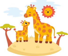 Fototapete Zoo Vector African giraffe with baby on grass under sun. Cute cartoon savanna family scene illustration for kids. Safari animals on natural background. Savannah mother and baby picture for children  © Lexi Claus