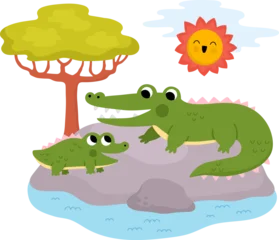 Fototapete Zoo Vector African crocodile with baby on grass under sun. Cute cartoon savanna family scene illustration for kids. Safari animals on natural background. Savannah mother and baby picture for children  © Lexi Claus