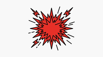 Obraz premium Red comic book explosion burst with black outlines and motion lines isolated on white background. Retro pop art speech bubble vector illustration for graphic design and cartoon impact.