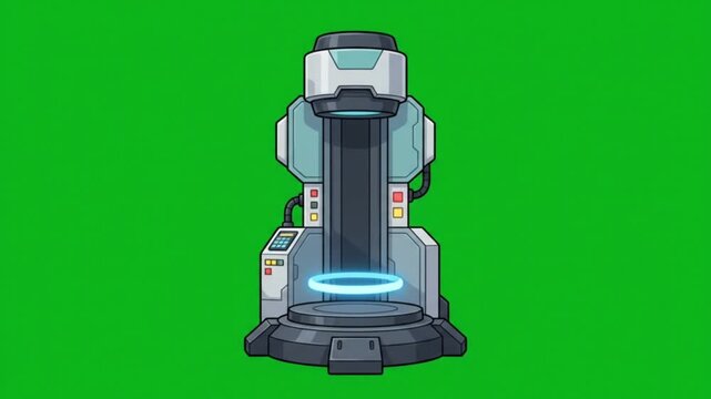Futuristic sci-fi teleportation machine with glowing energy ring on green screen background