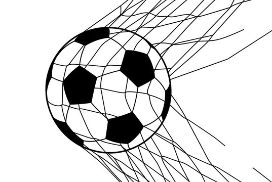 Ein stilisierter Fu&szlig;ball, der in ein Tornetz fliegt, dargestellt als minimalistische schwarz-wei&szlig;e Grafik mit klaren Linien und einem dynamischen sportlichen Design.