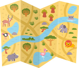Naklejka premium Safari map icon isolated on white background. Cartoon African savanna plan with animals, trees, water. Nature savannah guide. Safari wildlife card with roads, lake, cliff, baobabs, elephant, lion