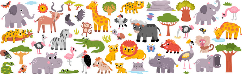 Naklejka premium Big safari animals set for kids. Vector African birds, trees, plants collection. Cartoon savanna pack with hippo, rhino. Cute lion, elephant, zebra, giraffe clipart. Savannah wildlife illustration