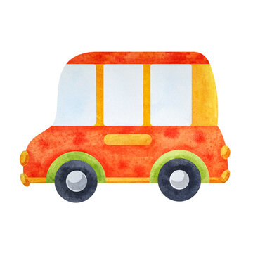 Stylized tiny red bus. Colored watercolor illustration in children's style on white background. Package, postcard, invitation, prints for children's dishes, toys, clothes, books, games, wall sticker. 