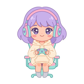 Cute Anime Girl Wearing Headphones Sitting Chair Listening Music.