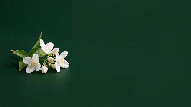 White jasmine flowers on dark green background with copy space