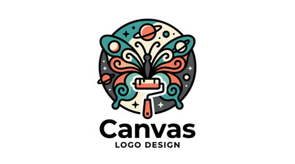 Fototapeta premium Creative butterfly logo design with a paint roller and celestial space elements.