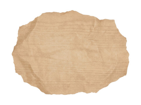 Ein St&uuml;ck abgerissenes und zerknittertes braunes Kraftpapier mit unregelm&auml;&szlig;igen R&auml;ndern isoliert auf wei&szlig;em Hintergrund, ideal als Designelement oder Textfeld.