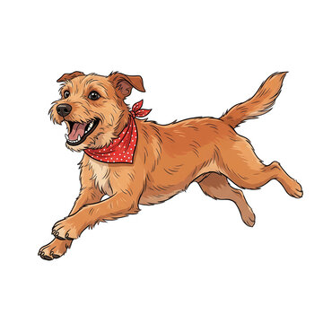 Ein fr&ouml;hlicher, brauner Hund mit einem roten Halstuch rennt und springt voller Freude, isoliert auf wei&szlig;em Hintergrund als Vektor-Illustration.