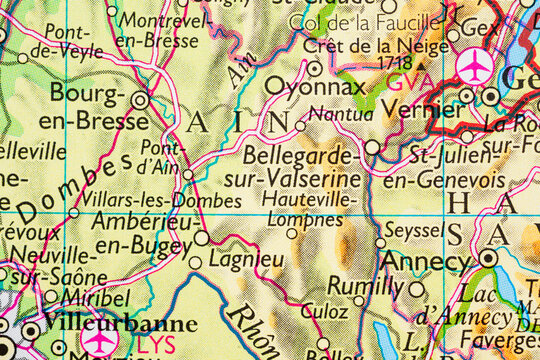 Detailed road map of Ain department and Lyon airport region in France.