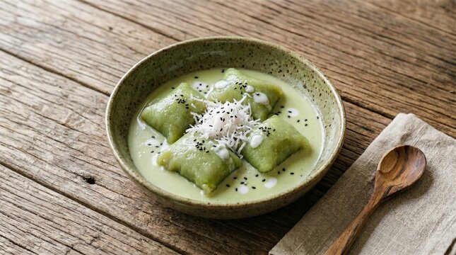 Indonesian kue bugis mandi, green pandan square glutinous rice cakes in creamy pandan vla sauce topped with grated coconut and black sesame seeds in ceramic bowl.