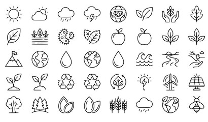 Fototapeta premium Nature Weather Ecology Organic Food and Sustainable Living Linear Vector Icons