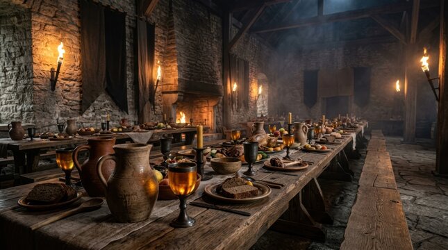 Abandoned medieval banquet table in a dimly lit stone castle hall