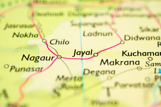 Nagaur and Jayal highlighted on Rajasthan state road map close up.