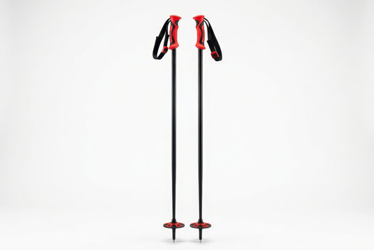 Pair of black and red ski poles isolated on white background. Professional winter sports equipment for skiing and trekking.
