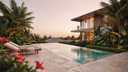Fototapeta premium Modern Luxury Beach House Featuring Infinity Pool Surrounded by Tropical Palm Trees and Landscaping