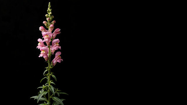 Pink Snapdragon Flower Blooming Stalk on Dark Black Background