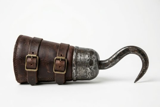 Vintage Pirate Hook Hand Prosthetic with Leather Straps and Buckles Isolated on White Background