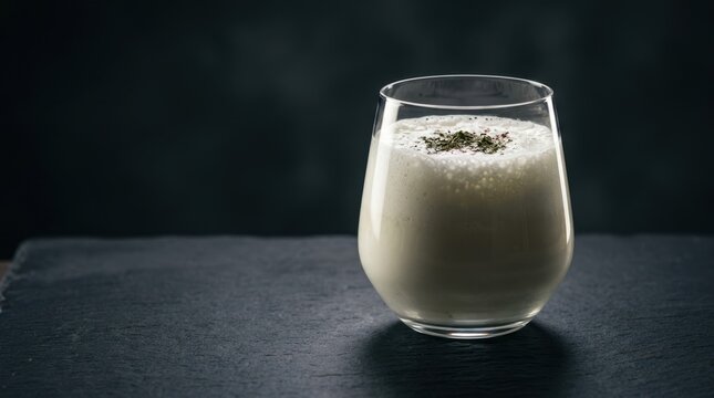 Refreshing ayran drink in a glass on a dark textured surface