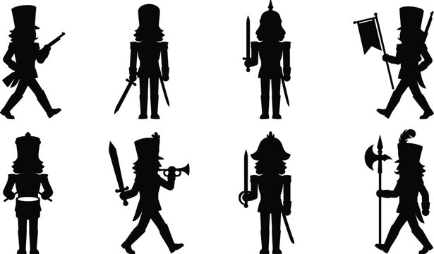 Nutcracker Toy Soldier Silhouette Icon Set for Christmas Holiday Designs