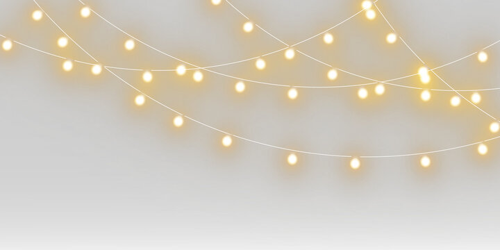 PNG festive Christmas lights arranged in a smooth decorative wave. Bright golden bulbs add sparkle. Perfect for holiday invitations, posters and banners.