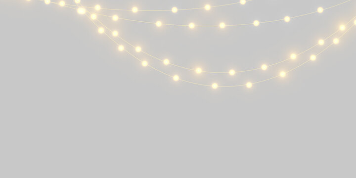 PNG festive Christmas lights arranged in a smooth decorative wave. Bright golden bulbs add sparkle. Perfect for holiday invitations, posters and banners.
