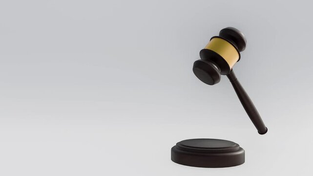 A 3d wooden gavel with a gold band strikes down firmly onto a circular sound block on a white background, symbolizing a legal verdict or auction verdict.