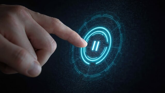 Finger pressing a glowing cyan pause button on a digital interface