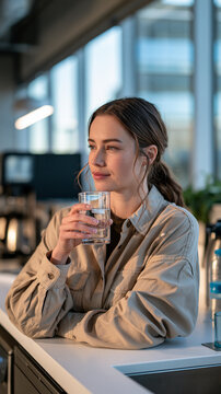 Young Thoughtful Woman Holding Glass of Fresh Water in Modern Kitchen