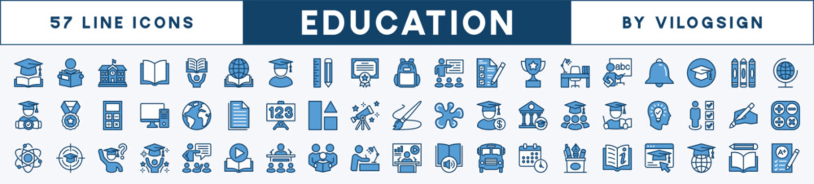 Set of education icon. Contains learning, book, school, study, graduation, student, cognition, seminar, training, online, knowledge, workshop, technology, skill, college, teacher, calculator and other
