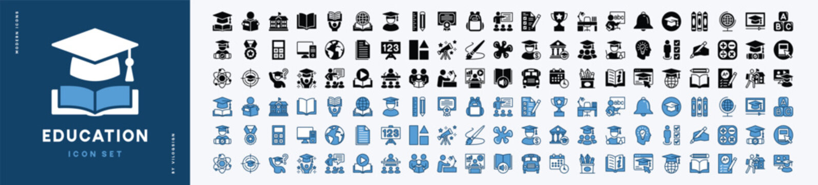 Education icon vector set. Contains learning, school, book, study, online, student, cognition, graduation, e-learning, training, knowledge, workshop, technology, college, teacher, calculator for web