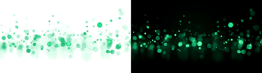Vivid green bokeh light circles glow across a dark backdrop creating a lively blurred sparkling effect for festive PNG, Transparent and Black Background Versions © Crafter