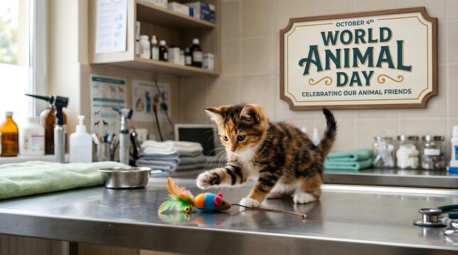 Kitten playing on veterinary exam table with toy for World Animal Day celebration concept