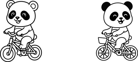 Adorable panda bears happily riding bicycles in a simple black and white cartoon style illustration © Saiful