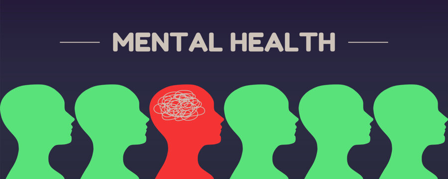 Red silhouette with tangled thoughts standing out among green profiles for mental health awareness concept