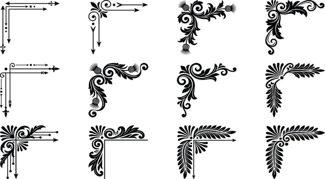 Ornate botanical corner borders featuring leaf patterns and floral scrollwork for designs.