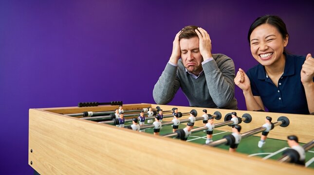 Staff playing foosball during break in an office space  