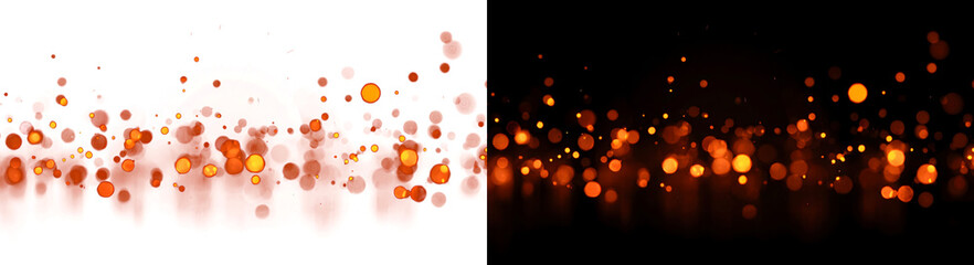Warm orange fire bokeh light circles glow across a dark backdrop creating a cozy blurred ambient effect for festive PNG, Transparent and Black Background Versions © Crafter