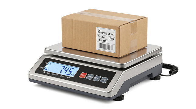 Digital scale weighing cardboard parcel for logistics supply chain
