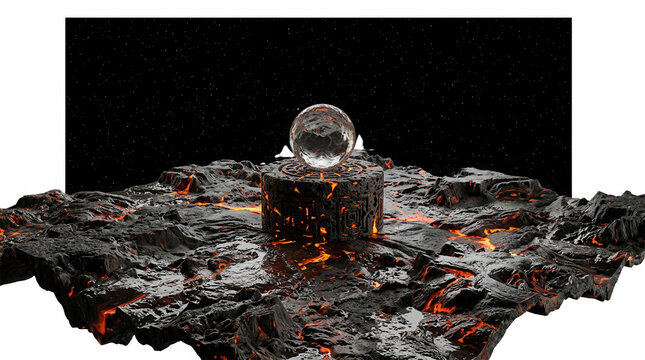 Esfera de cristal transparente sobre un pedestal cil&iacute;ndrico en un terreno de roca volc&aacute;nica agrietada con lava ardiente brillante, renderizado 3D