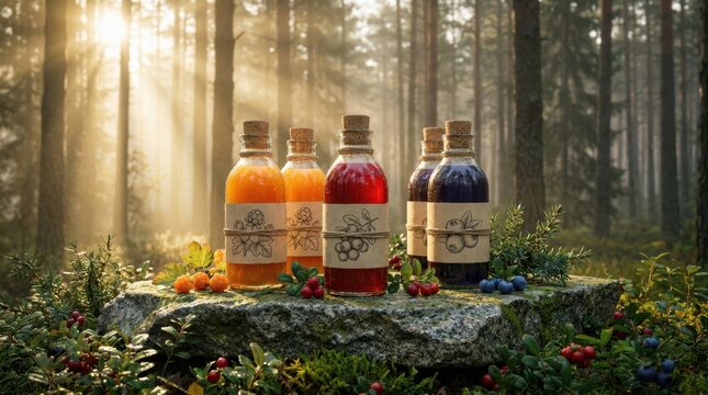 Estonian berry juices in bottles on a forest stone