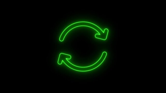 Green Neon Circular Arrows Refresh Animation on Black Background. Green neon glowing circular arrows indicating refresh or sync on black background repeat loop 4k video.