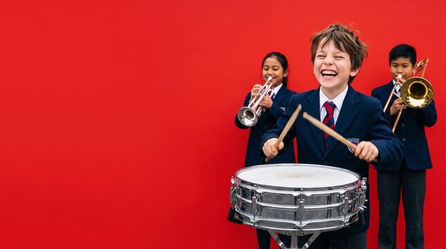 Boy rehearsing with school band and playing snare drum joyfully  